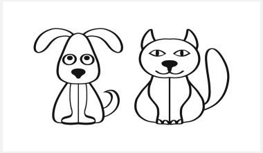 Doodle Cat ve Dog Clipart beyazda izole edilmiş. El çizimi sanat çizgisi. Çizim hayvanı. Vektör hisse senedi çizimi. EPS 10