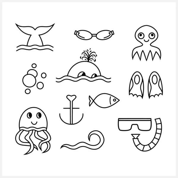 Doodle Clipart Conjunto Mergulho Isolado Branco Arte Linha Desenhada Mão — Vetor de Stock