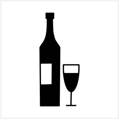 Bir şişe şarap ve beyaz üzerine izole edilmiş cam ikon. Stencil sanat. Vektör stok illüstrasyonu için. EPS 10