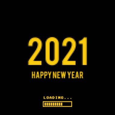 Yeni yıl için 2021 piksel resim afişi. 8- bit retro ve yükleme çubuğunda 2021 sayı
