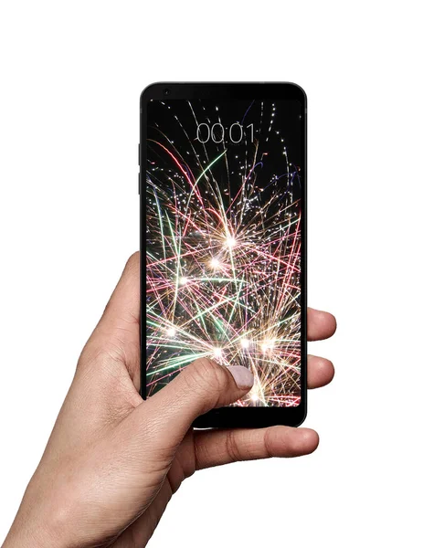 Ruční Držení Smartphone Bílém Pozadí Šťastný Nový Rok Koncept — Stock fotografie