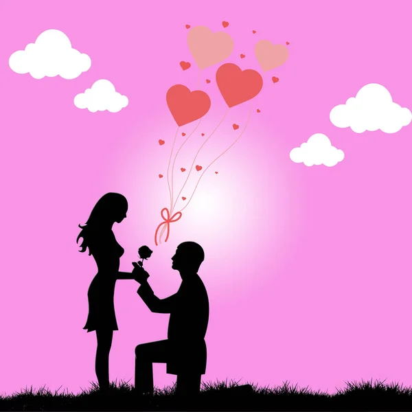 Konzept Des Valentinstages Zwei Verliebte Paare Silhouette Mit Bergkulisse — Stockfoto