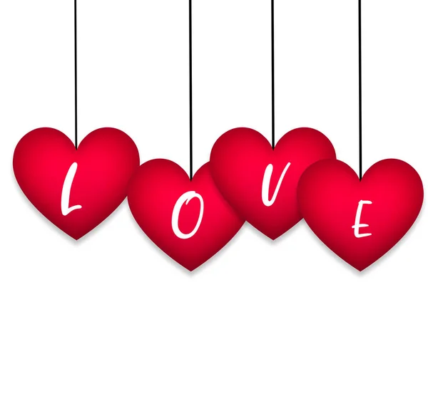 Corações Vermelhos Pendurados Com Amor Fundo Branco — Fotografia de Stock
