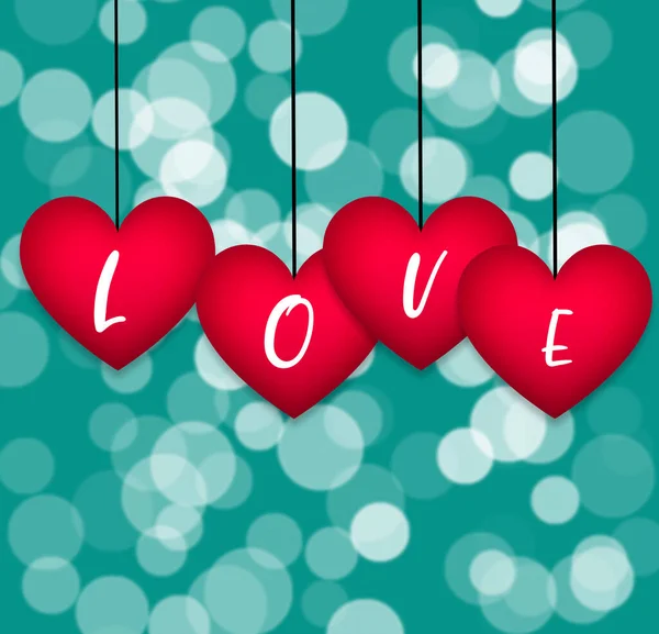 Red Hearts Hanging Love White Bokeh Background Happy Valentine Day — стоковое фото