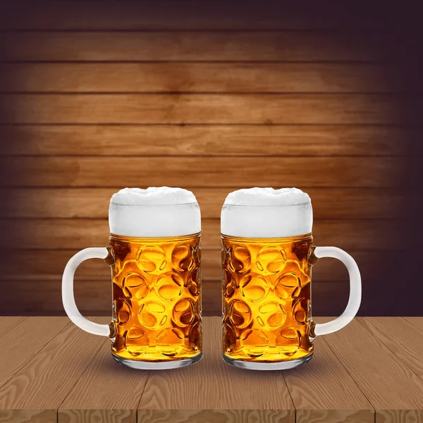 Two Glasses Light Beer Wooden Table — Stock Photo, Image