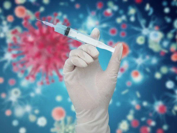 医生或护士戴手套的手 在注射之前用液体疫苗握住注射器 — 图库照片