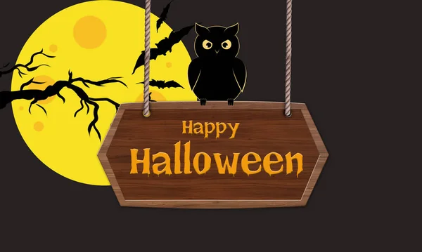 Happy Halloween Houten Plank Met Uil Nacht Achtergrond — Stockfoto