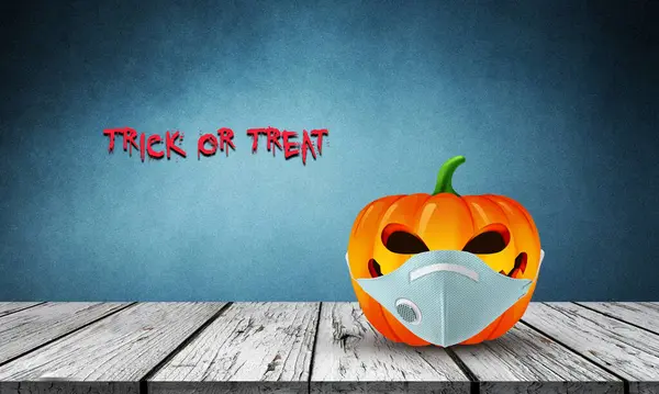 Halloween Ansiktsmask Som Jack Lykta Pumpa Bär Medicinsk Face Trick — Stockfoto