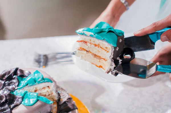 Mari et femme, le couple a coupé le couteau à gâteau de mariage — Photo