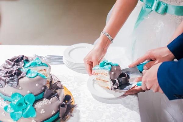 Σύζυγος και η σύζυγος, το ζευγάρι κοπεί μαχαίρι η γαμήλια τούρτα — Φωτογραφία Αρχείου