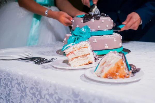 Mari et femme, le couple a coupé le couteau à gâteau de mariage — Photo