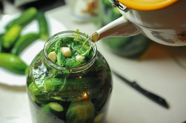 People are preparing in the kitchen. pickling cucumbers, preparation for winter salting. — Stock Photo, Image