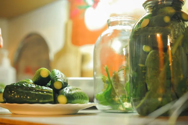 People are preparing in the kitchen. pickling cucumbers, preparation for winter salting. — Stock Photo, Image