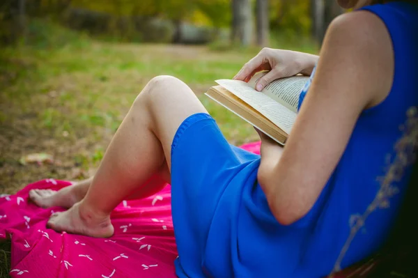 Блондинка в синем платье сидит на красном одеяле на зеленой траве, читает книгу посреди сосновых лесов — стоковое фото