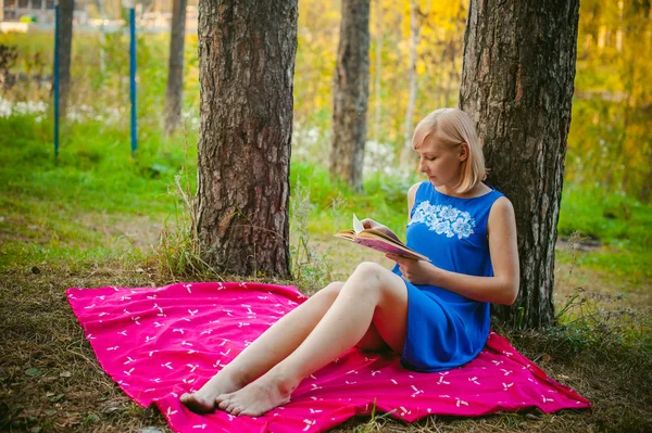 Sarışın kız mavi elbiseli kırmızı battaniye yeşil çimenlerin üstüne oturan bir çam ormanı ağaçlarının ortasında bir kitap okuma — Stok fotoğraf