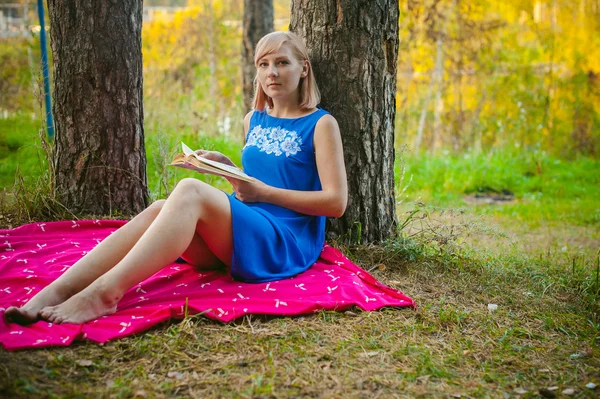 Menina loira em um vestido azul sentado em um cobertor vermelho em cima da grama verde, lendo um livro no meio de pinheiros — Fotografia de Stock