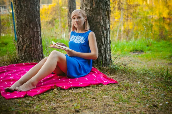 Menina loira em um vestido azul sentado em um cobertor vermelho em cima da grama verde, lendo um livro no meio de pinheiros — Fotografia de Stock