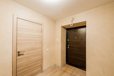 Rusya, Moskova... 29 Nisan 2020: İç mekan dairesi modern, parlak, rahat atmosfer. Genel temizlik, ev dekorasyonu, satılık ev hazırlığı. oda kapıları, yenileme koridoru lobi girişi