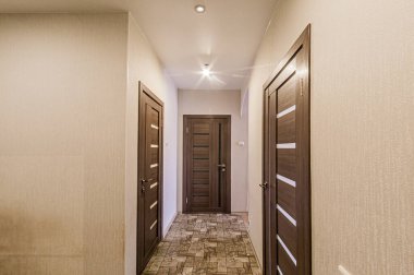 Rusya, Moskova... 29 Nisan 2020: İç mekan dairesi modern, parlak, rahat atmosfer. Genel temizlik, ev dekorasyonu, satılık ev hazırlığı. oda kapıları, yenileme koridoru lobi girişi