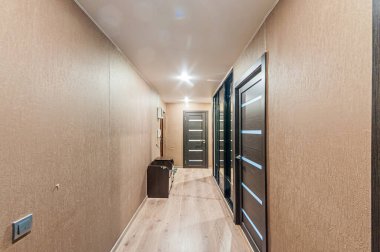 Rusya, Moskova... 29 Nisan 2020: İç mekan dairesi modern, parlak, rahat atmosfer. Genel temizlik, ev dekorasyonu, satılık ev hazırlığı. oda kapıları, yenileme koridoru lobi girişi