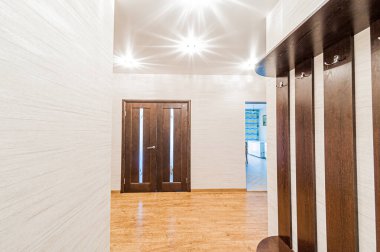 Rusya, Moskova... 29 Nisan 2020: İç mekan dairesi modern, parlak, rahat atmosfer. Genel temizlik, ev dekorasyonu, satılık ev hazırlığı. oda kapıları, yenileme koridoru lobi girişi