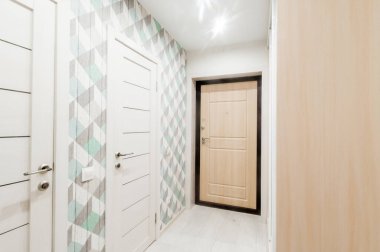 Rusya, Moskova... 29 Nisan 2020: İç mekan dairesi modern, parlak, rahat atmosfer. Genel temizlik, ev dekorasyonu, satılık ev hazırlığı. oda kapıları, yenileme koridoru lobi girişi