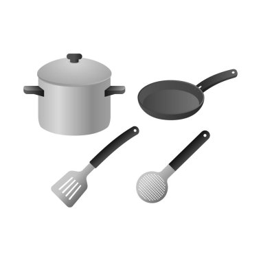 Vector Essential Cooking Utensils Including Pot, Pan, and Spatula. Perfect for Kitchen, Cooking Preparation, Culinary, and Home Cooking.