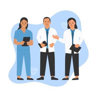 İki Doktor ve Bir Hemşirenin Sıcak Gülümsemesi 'nin Düz Çizimi. Sağlık, Hastaneler ve Tıbbi Hizmetler İçin Uygun.