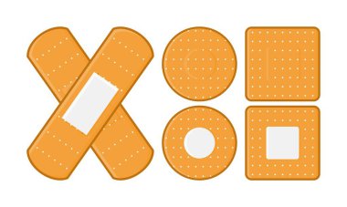 Kahverengi Taslak Vektör Resimli Tıbbi Yapıştırıcı Koleksiyonu. Tıbbi Malzemeler, İlk Yardım ve İlaç İdaresi İçin Uygun.