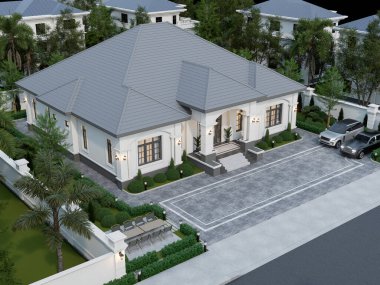 3D rendering Modern Neoclassical House Exterior with Manicured Landscaping