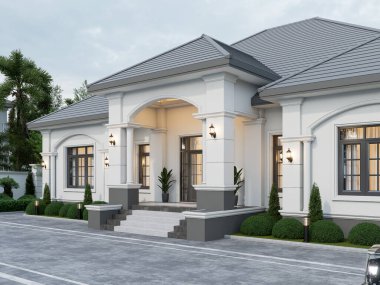 3D rendering Modern Neoclassical House Exterior with Manicured Landscaping