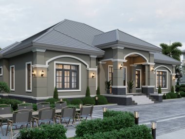 3 Boyutlu Modern Tek Katlı Ev Gri Çatı ve Bahçe Düzenleme