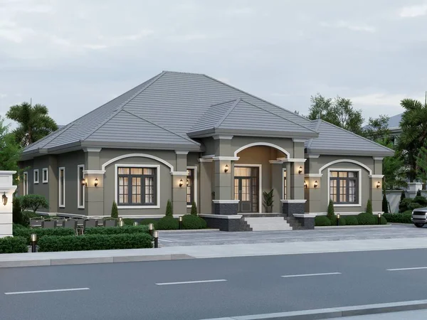 3 Boyutlu Modern Tek Katlı Ev Gri Çatı ve Bahçe Düzenleme