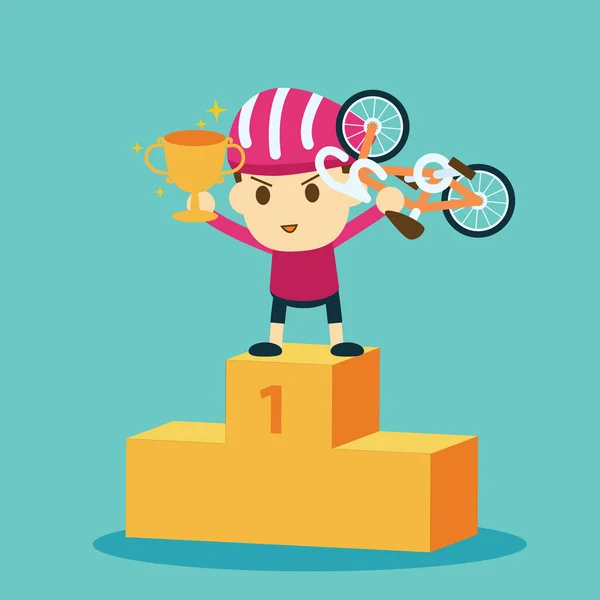 Cyclist racer holding winning trophy and bicycle — Stock Vector