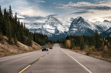 Kanada 'daki Banff Ulusal Parkı' nda kayalık dağlarla otoyolda araba sürüyor.