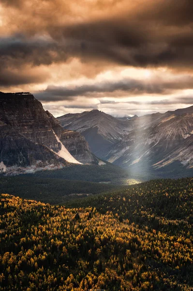 Raio Sol Brilhando Montanhas Rochosas Floresta Outono Parque Nacional Banff — Fotografia de Stock