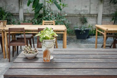 Ahşap masa üstü ve arka bahçesinde vazo süsü.