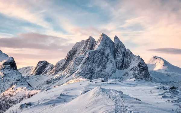 Krajobraz Majestatycznej Góry Śnieżnej Śladami Stóp Wzgórzu Segla Rano Wyspie — Zdjęcie stockowe