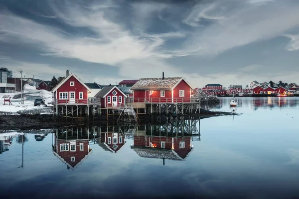 Traditional Red Wooden House Waterfront Fishing Village Winter Reine Town — Stock Photo, Image