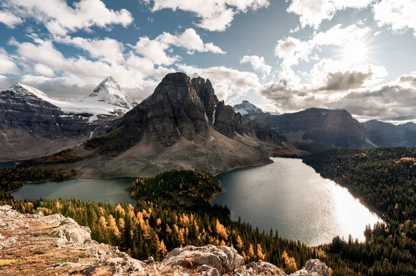 Mount Assiniboine Met Meer Herfstbos Niblet Piek Provinciaal Park Canada — Stockfoto