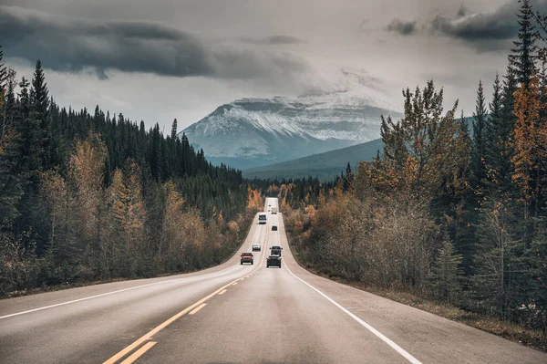 Viagem Rodoviária Carro Dirigindo Estrada Floresta Outono Montanhas Rochosas Parque — Fotografia de Stock