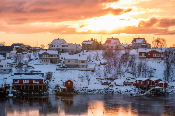 Färgglad Skandinavisk Snö Vid Kusten Morgonen Lofoten Öarna Norge — Stockfoto