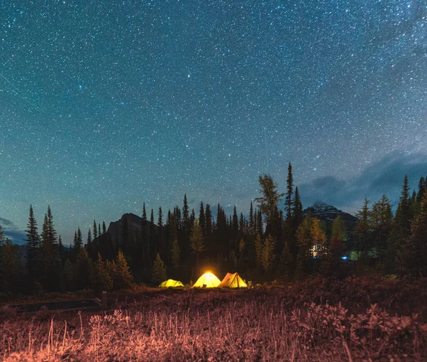 Campeggio Tenda Con Stellato Sotto Cielo Notturno Nella Foresta Autunnale — Foto Stock