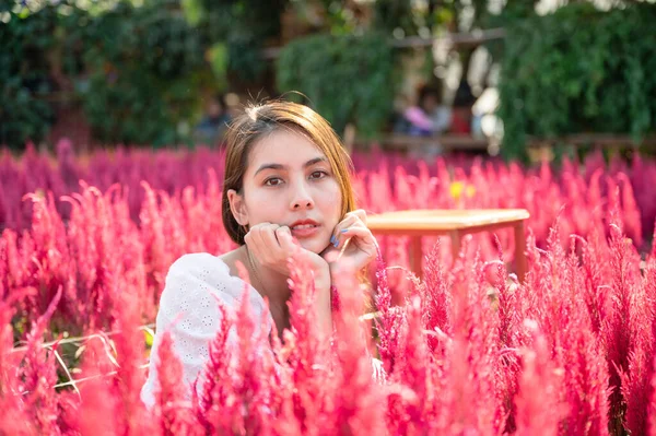 Feliz Bela Jovem Asiático Mulher Sentado Cockscomb Flor Jardim — Fotografia de Stock