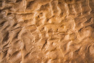Doğal kahverengi kumsal yüzeyi. Yazın doğal arka plan için çizgili dokusu ve tahılları var.