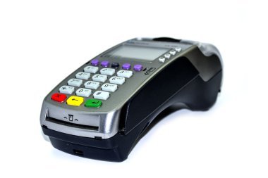 Kart üzerinde beyaz izole ödeme terminal bağlayın. Ön panel doku nesneniz için