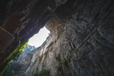 Longshuixia Fissure Ulusal Parkı, Wulong bölgesi, Chongqing, Çin 'deki devasa dikey kaya duvarlarının manzarası.
