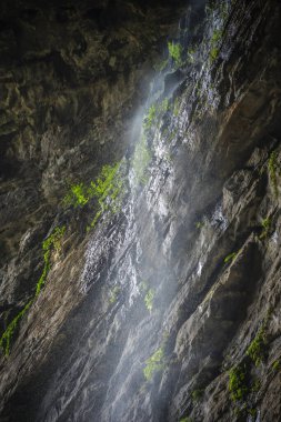 Longshuixia Fissure Ulusal Parkı, Wulong Bölgesi, Chongqing, Çin 'deki bir vadide bir duvarda küçük bir şelale.