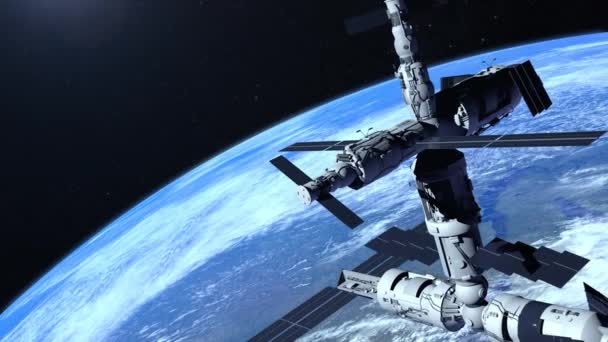地球の上空の宇宙ステーションの飛行. — ストック動画