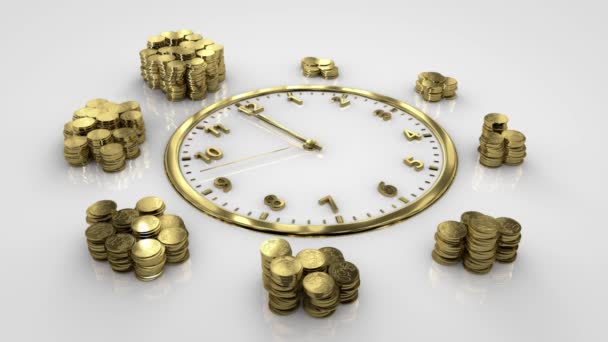 Il tempo è denaro. Il secondo approccio 12. Orologio e monete d'oro. — Video Stock